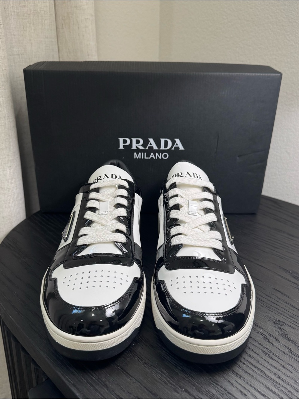 Prada Downtown Sneakers Low-Top Leather Black/White 10.5 - Picture 3 of 10
